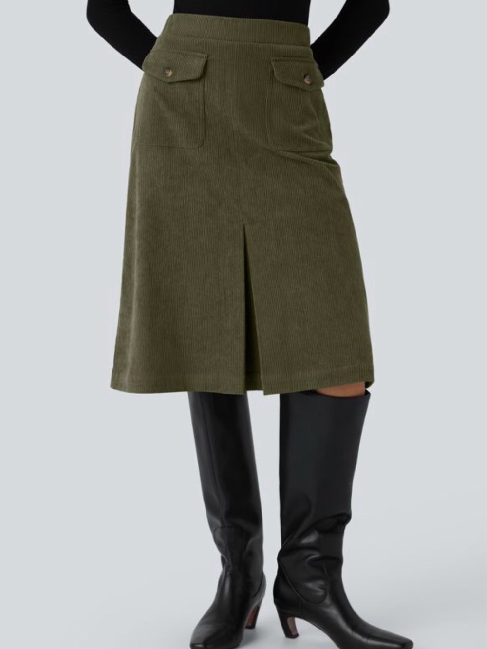 Olive Green Corduroy A-Line Skirt with Front Slit